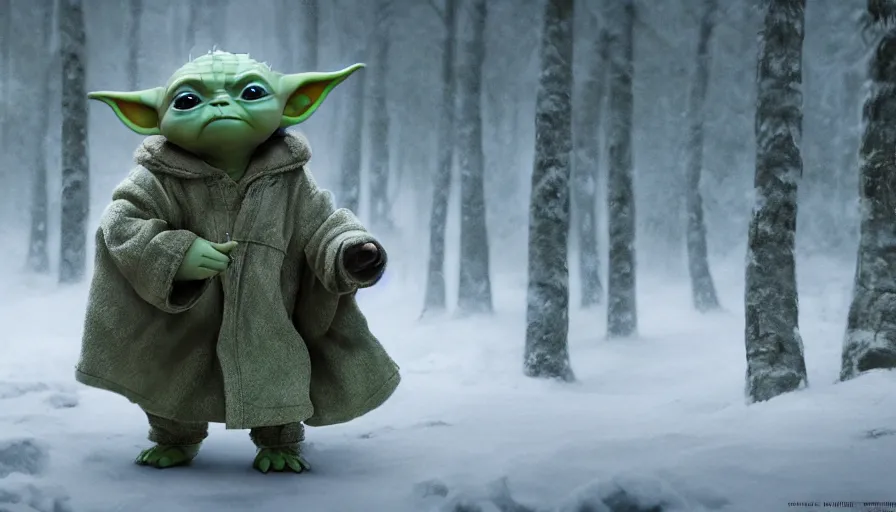 Image similar to baby yoda walking into snowy forest with groot, hyperdetailed, artstation, cgsociety, 8 k