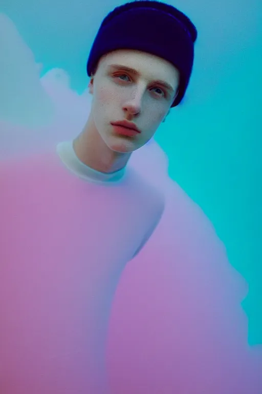 Prompt: high quality pastel coloured film mid angle portrait photograph of a beautiful young 2 0 year old male, soft features, short hair, perspex space visor and oversized inflated clothing!!!! icelandic black! rock pool environment. atmospheric three point light. photographic. art directed. ( pastel colours ). volumetric. clearcoat. waves. 8 k. filmic.