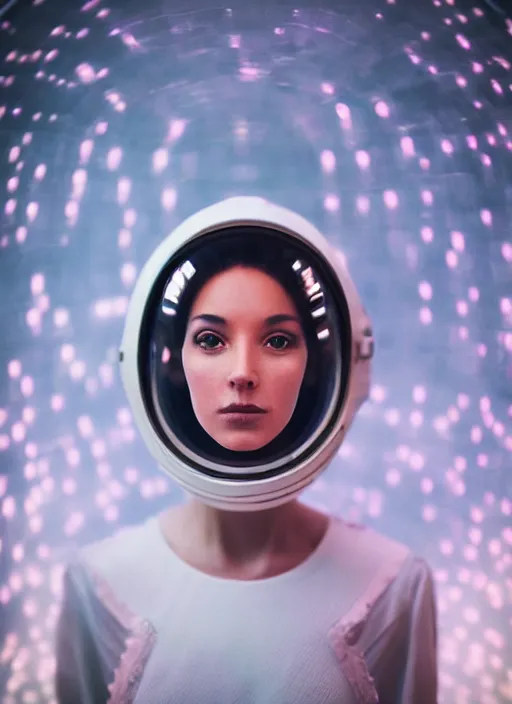 Prompt: photograph portrait of a very pretty!!! woman! symmetric face, petzval lens. out of focus, look at the camera. in an very detailed elegant astronaut costume. futuristic helmet, led lights reflections. space station. by alesio albi and george lucas and stanley kubrick