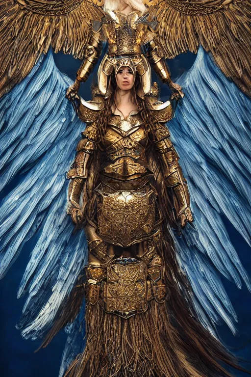 Image similar to realistic detailed photo of angelic valkyrie, soaring through the sky, blue eyes, woven armour with bird sigil, intricate complexity, Behance, golden ratio, fibanci background, vray, rich deep colors