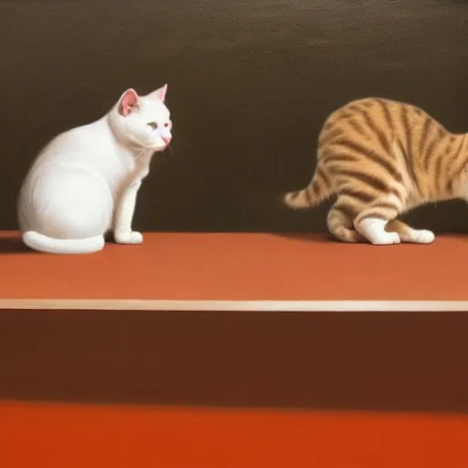 Image similar to Two cats playing ping pong on orange background, oil painting