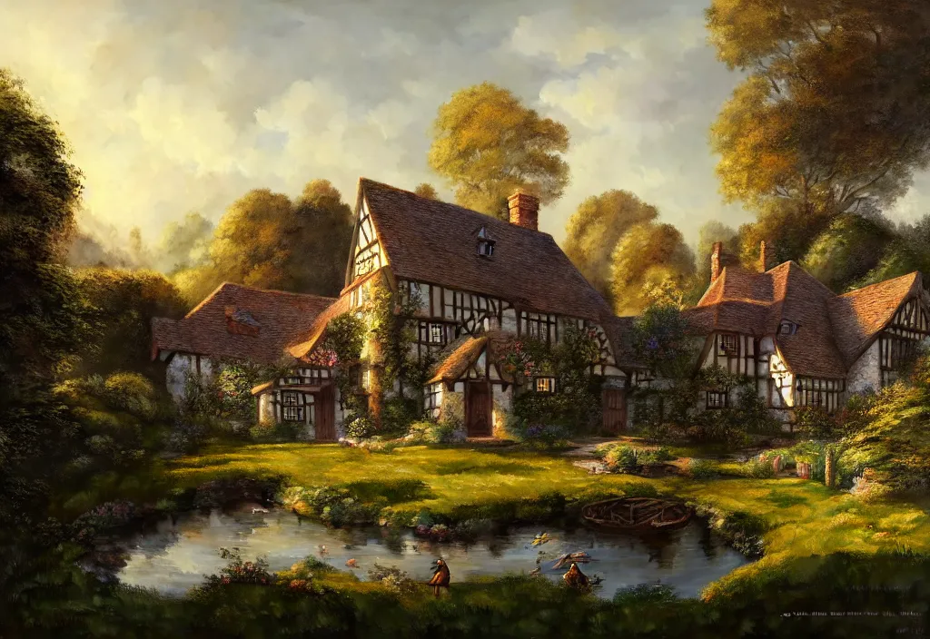 Prompt: a small tudor country house on a hillside with a gravel path and small fishpond, cinematic view, blue sky, detailed, concept art, high angle, high detail, warm lighting, volumetric, godrays, vivid, trending on artstation, by jordan grimmer, art greg rutkowski