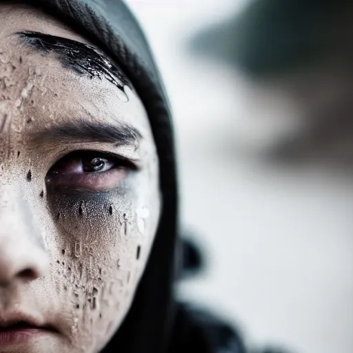 Image similar to photographic portrait of a poor techwear woman with tears in her eyes, closeup, sigma 85mm f/1.4, 4k, depth of field, high resolution, 4k, 8k, hd, full color