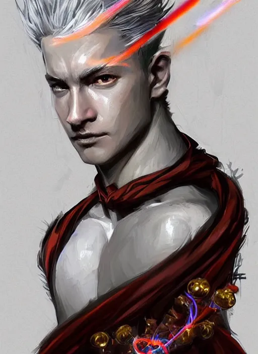 Image similar to character concept portrait of a handsome young warlock with pale white skin and buzzed short spiky hairstyle casting a dark magic spell with red and orange glowing runes, a floating iridescent spell book, intricate, elegant, digital painting, concept art, smooth, sharp focus, illustration, from Metal Gear, by Ruan Jia and Mandy Jurgens and Artgerm and William-Adolphe Bouguereau