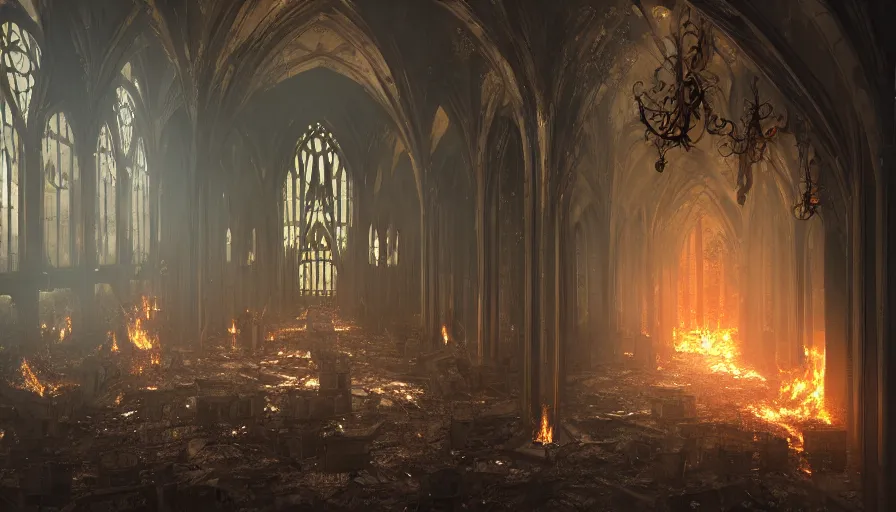 Prompt: Inside of a burning destroyed Neo-Gothic castle with heavy fire and a lot of ashes, collapsing ceiling, hyperdetailed, artstation, cgsociety, 8k