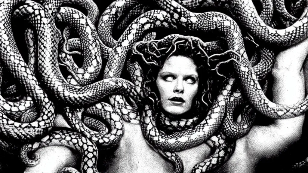 Prompt: medusa, with snakes for hair, still from the movie the thing ( 1 9 8 1 )