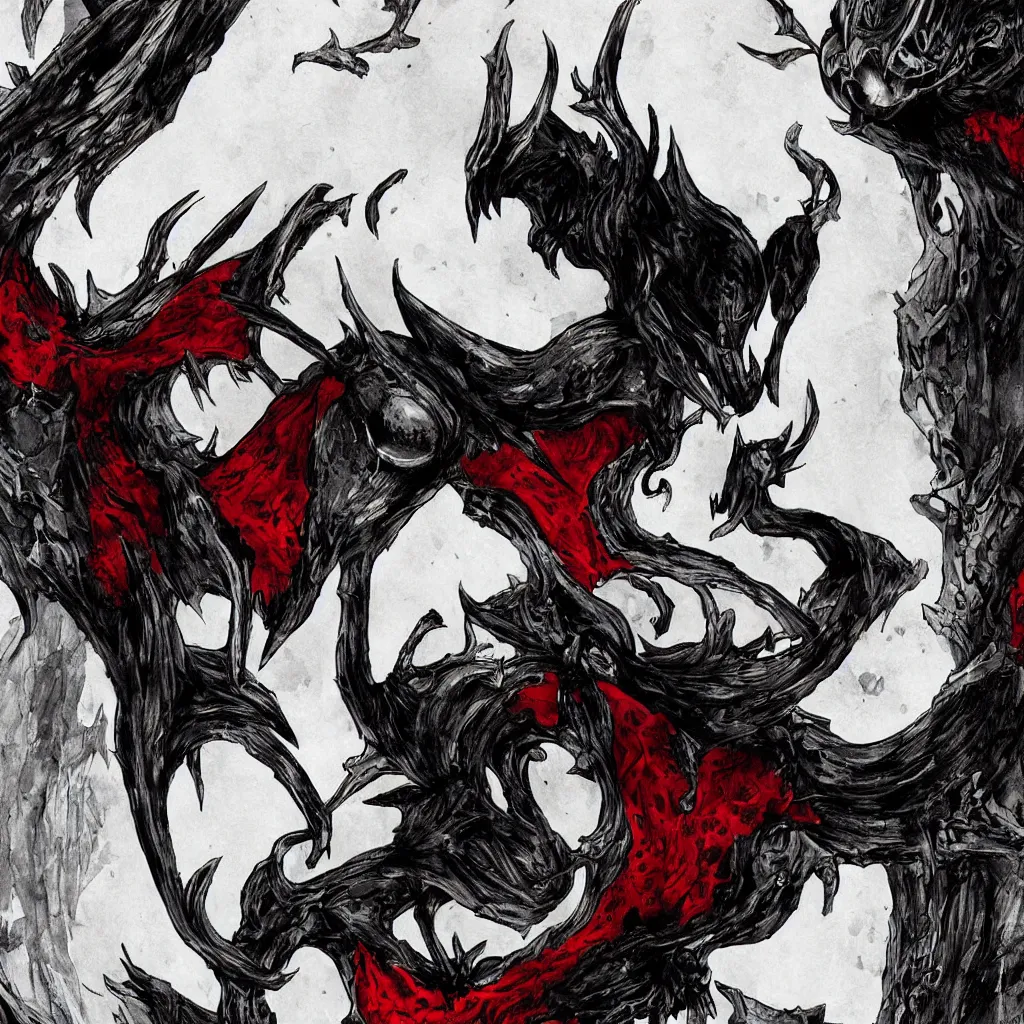 Image similar to hollow knight. Corrupted. High detail. Cover art. No text. High detail. Ominous. Sharp. Red