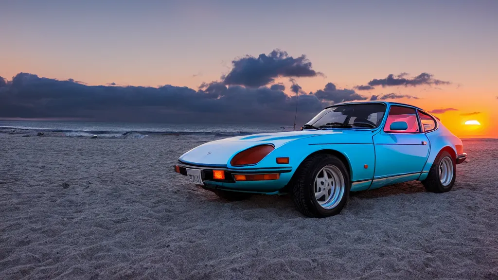 Image similar to synthwave datsun 2 4 0 z at sunset, on the beach, 8 k. filling of the view