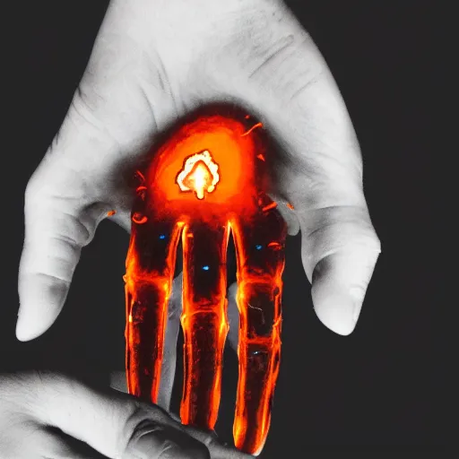 Prompt: hand of ice with glowing veins, black background, orange,