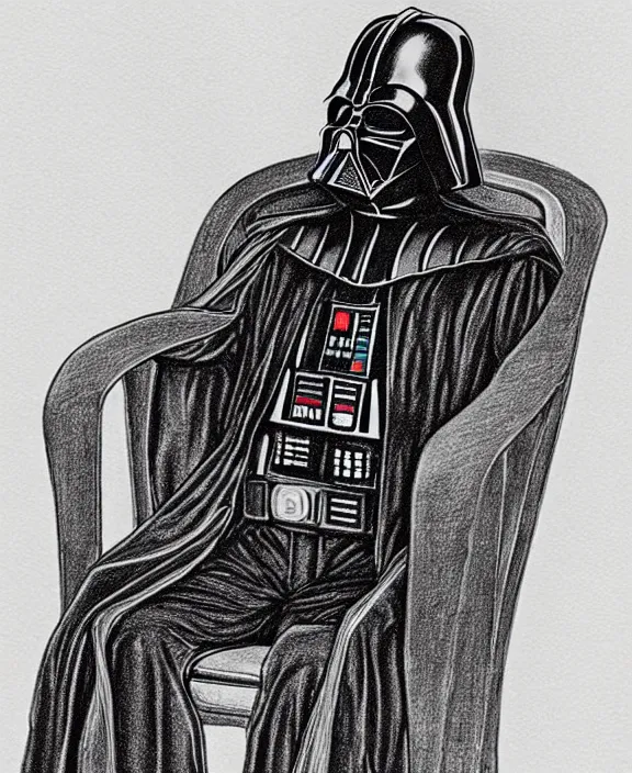 Image similar to a detailed fineliner drawing of darth vader relaxing in an armchair