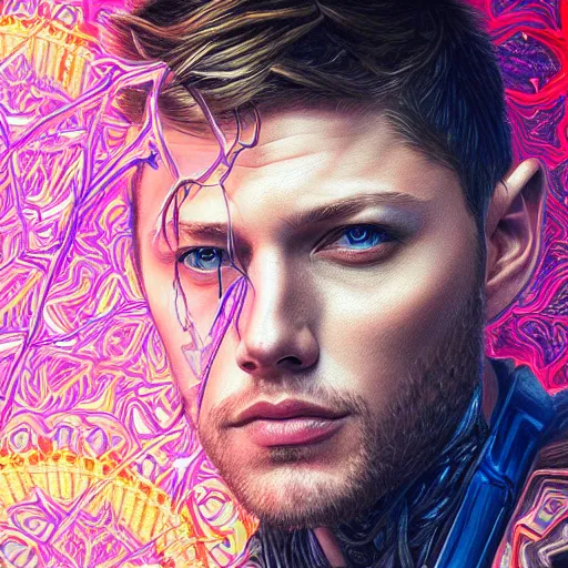 Image similar to portrait of jensen ackles, hyper detailed masterpiece, neon floral pattern, jean giraud, digital art painting, darkwave goth aesthetic, psychedelic, artgerm, donato giancola and tom bagshaw