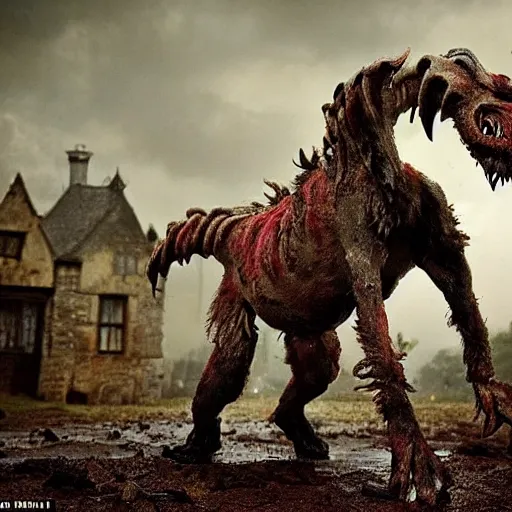 Image similar to horror, a monstrous mutant goat creature is galloping across a muddy medieval village square in daylight, filthy matted fur, human eyes, disturbing, mutated, crocodile - like teeth