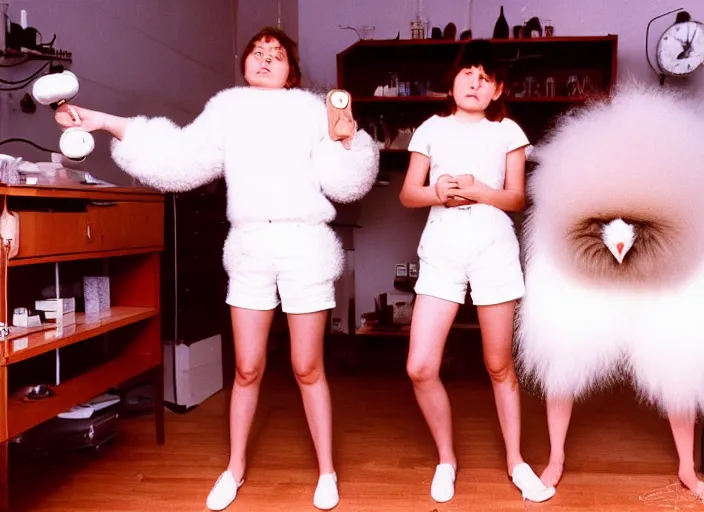 Image similar to realistic photo of a three young female birdman wearing white shorts, watching at a levitating fluffy furry cloud, in a living room sci - fi laboratory with many wooden gadgets made of wood interior is made of wood 1 9 9 0, life magazine reportage photo, natural colors