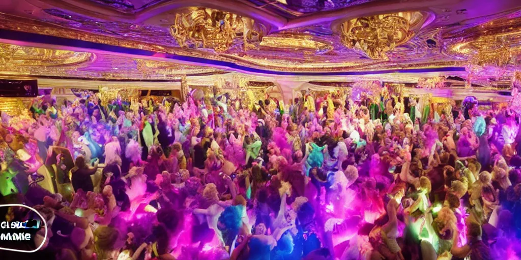 Image similar to 8 k uhd cinema 4 d, octane render of multiple cats with fluffy tails, dressed as vegetables, line dancing at a party, in the ballroom of a luxury cruise liner, beautiful chandeliers from the ceiling, ultra realistic, wide angle shot, group photography 1 8 mm lens, multi coloured volumetric lighting