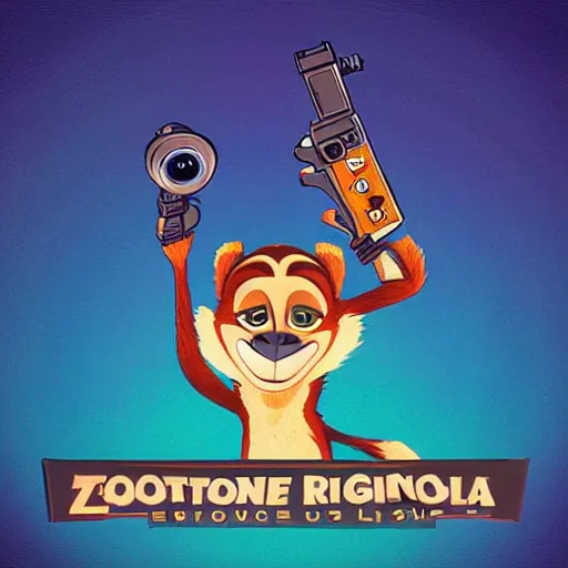 Image similar to “ logo of a upside down monkey in the style of zootopia holding laser gun, with a black background, digital art, award winning, trending on art station, retro style ”