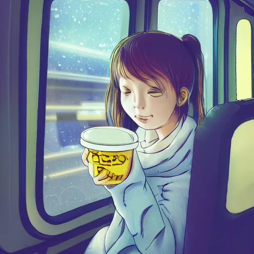 Image similar to girl sitting on a subway train eating cup noodles, the interior of the train is decorated like a teenager's room, galaxies are seen from the train window, anime, digital art, still film