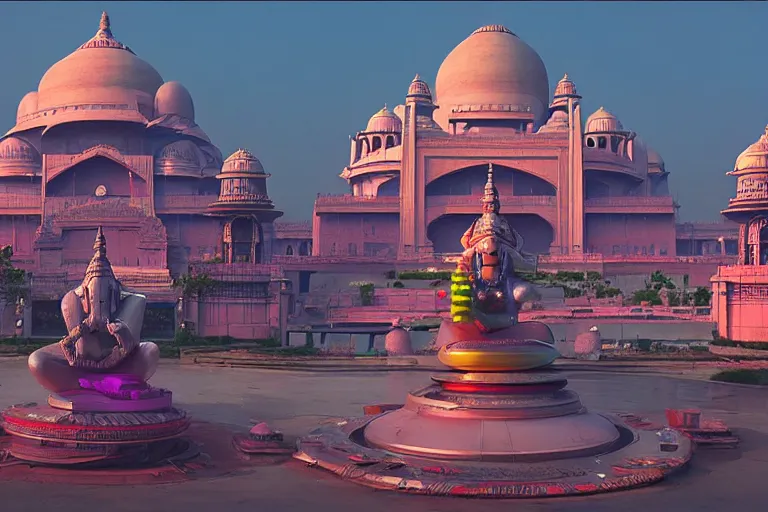 Image similar to beautiful futuristic new delhi, sci - fi ganesha!! building, kalighat flowers, octane highly detailed cinematic, stephen shore & john j. park, soft morning light, wide shot, aerial shot, uhd 8 k, shallow depth of field