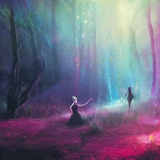 Image similar to the moonlit dance of the fae by marcel caram and elena vizerskaya, impresion de giclee arte abstracto, fantasy space, 8 k, award winning, atmospheric, artstation, volumetric lighting