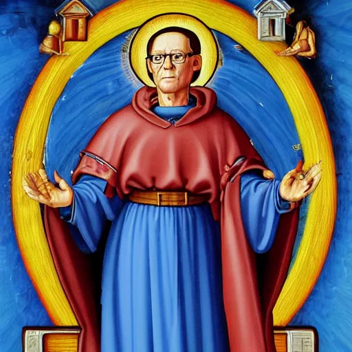 Image similar to hank hill as the saint of propane surrounded by blue fire, renaissance religious painting, painting by carlo crivelli, late gothic religious paintings, byzantine religious art, trending on artstation