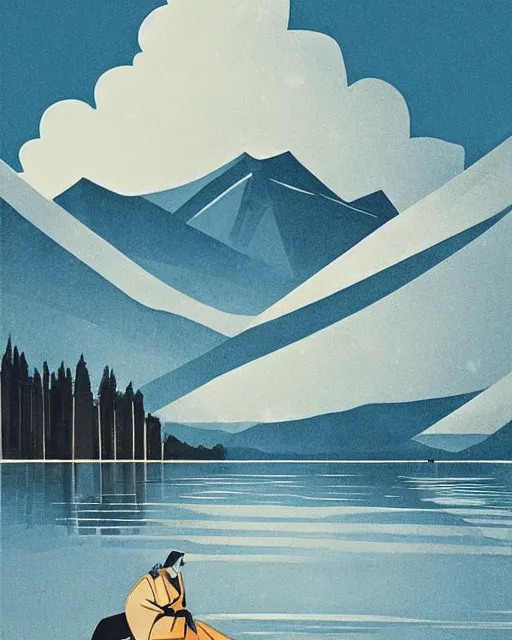 Image similar to art deco illustration of a peaceful beautiful lake, beautiful snowcapped mountain in background, epic sky, artstation, deviantart, pinterest, 5 0 0 px models