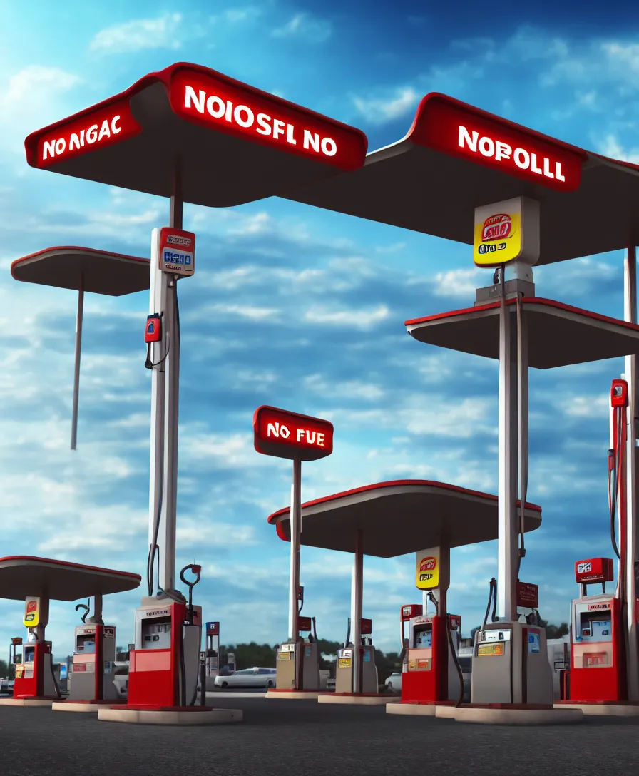 Image similar to realistic photo of no fuel at gas station in future, no fuel text written, very sharp focus, very hyper realistic, highly detailed, fantasy art station