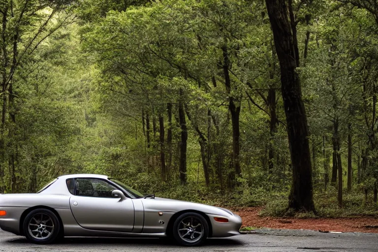 Image similar to A Mazda RX-7 parked in a road with trees, rainy spring season, Epic photography, taken with a Canon DSLR camera, 50 mm, insane depth of field