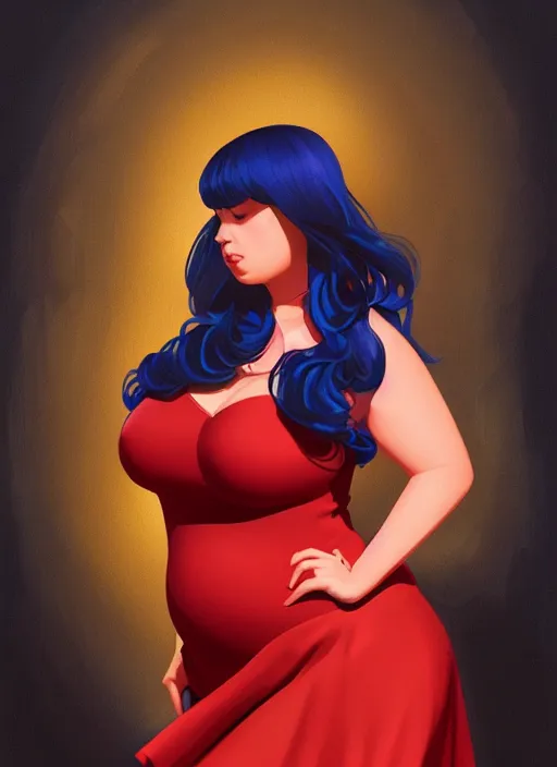 Image similar to full body portrait of teenage veronica lodge, obese, bangs, sultry, realistic, sultry smirk, wavy hair, red skirt, fat, belly, intricate, elegant, glowing lights, highly detailed, digital painting, artstation, concept art, smooth, sharp focus, illustration, art by wlop, mars ravelo and greg rutkowski