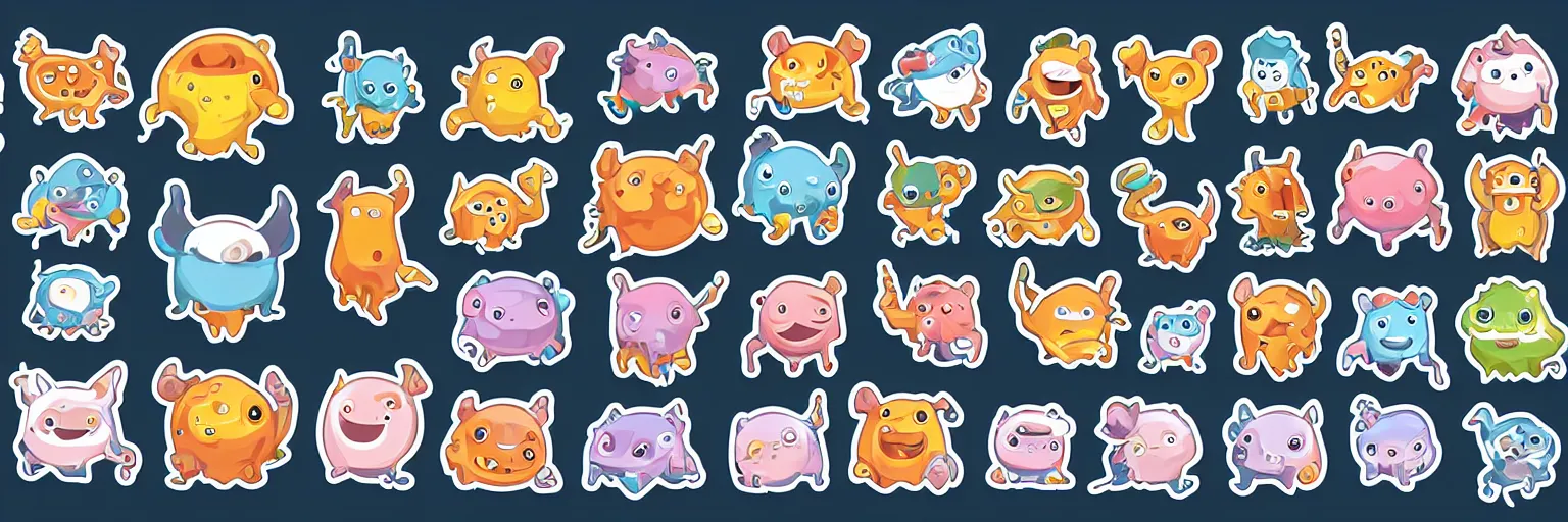 Prompt: symmetrical cute monsters, vector sticker art, sticker, clean background, illustration, spread sheet, game icon