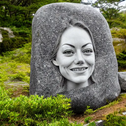 Image similar to big rock solid stone with the emerging face of emma stone buried inside the stone rock