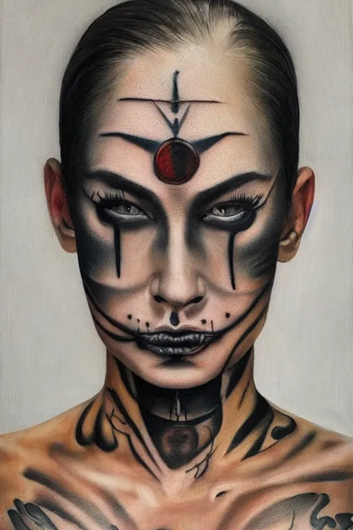 Prompt: hyperrealism oil painting, portrait fashion model with tattoo on face, sad eyes, dark background, in style of classicism mixed with 8 0 s japanese sci - fi books art