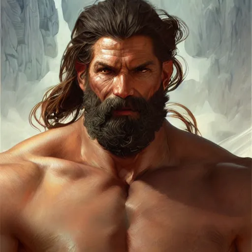 Image similar to portrait of rugged zeus, greek god d & d, muscular, fantasy, intricate, elegant, highly detailed, digital painting, artstation, concept art, smooth, sharp focus, illustration, art by artgerm and greg rutkowski and alphonse mucha