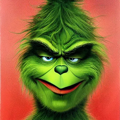 Image similar to the Grinch is Sauron, surrealist, contemporary painting