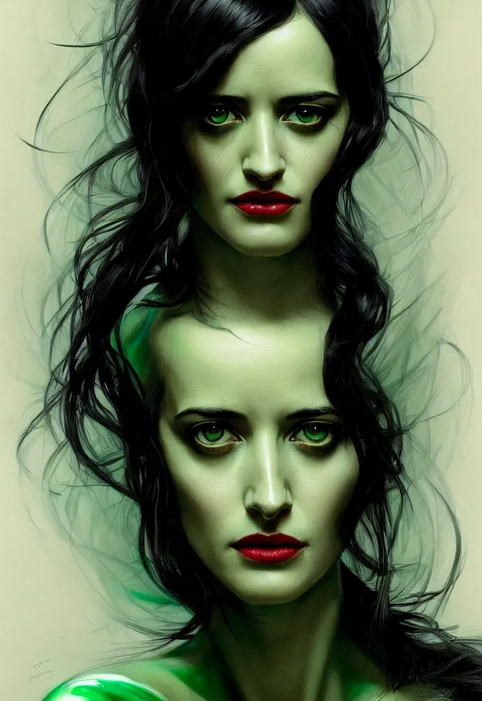 Prompt: portrait of eva green, black hair, green eyes, elegant, real life skin, intricate artwork, high detailed, artstation, concept art, smooth, sharp focus, art by artgerm and greg rutkowski @ ruprechy