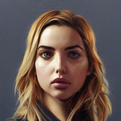 Image similar to Realistic painting of Ana de Armas with a blond hair, profile picture by Greg Rutkowski, asymmetrical, Organic Painting , Matte Painting, geometric shapes, hard edges, street art, trending on the artstation:2 by Sachin Teng:4, blur: -4