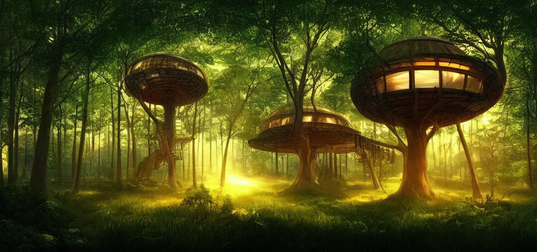 Image similar to beautiful forest, treehouse with glowing round windows, ray tracing, god rays, fireflies, mystical feeling, detailed, digital art