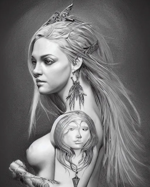 Image similar to tattoo sketch of beautiful greek goddess aphrodite with arrowhead earrings, beautiful piercing eyes, flowing blonde hair, realistic face, hyper realistic, in the style of greg rutkowski, fantasy, amazing detail, epic, intricate, elegant, smooth, sharp focus