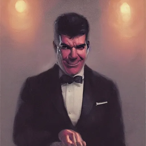 Image similar to a portrait of simon cowell grimacing in disappointment, 1 9 2 0 s, femme fatale, gorgeous view, night, film noir, eerie, high detail, depth, masterpiece by greg rutkowski, digital art, trending on artstation