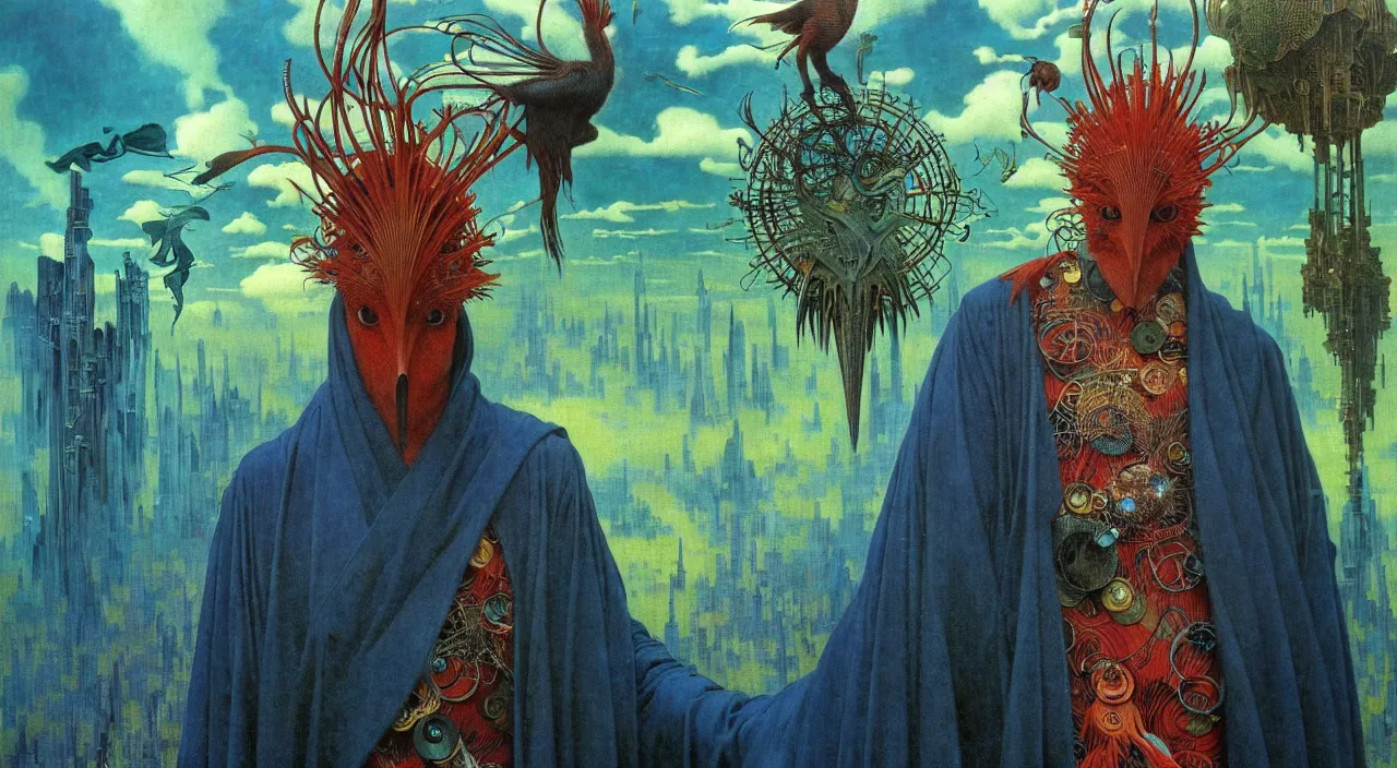 Image similar to realistic detailed portrait movie shot of a birdman wearing dark robes, sci fi city landscape background by denis villeneuve, amano, yves tanguy, alphonse mucha, ernst haeckel, max ernst, roger dean, masterpiece, rich moody colours, blue eyes, occult