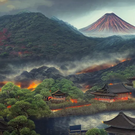 Prompt: Japanese village in the hills with a big volcano eruption in the background, lava river, ultra realistic, cinematic, Trending on Artstation, cgsociety, matte painting, ultra sharp