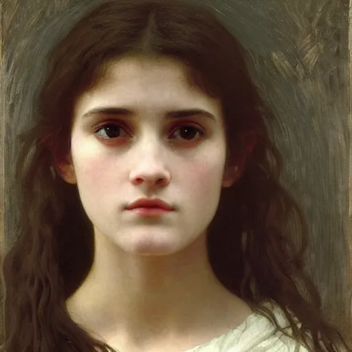 Prompt: a realistic face portrait of a teenage girl who looks like Uma Thurmond and Winona Ryder with an anxious expression and slightly open mouth, wearing ragged Jedi robes and holding a lightsaber, by William-Adolphe Bouguereau, John William Waterhouse, Frederic Leighton, Alphonse Mucha, Edward Burne Jones