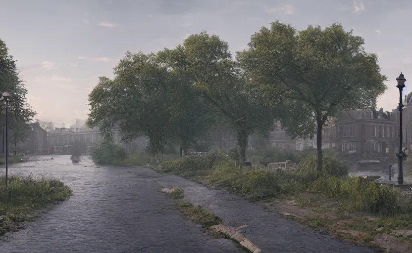 Prompt: london reclaimed by nature, a photorealistic painting by gregory crewdson, cgsociety, playstation 5 screenshot, matte painting, cryengine