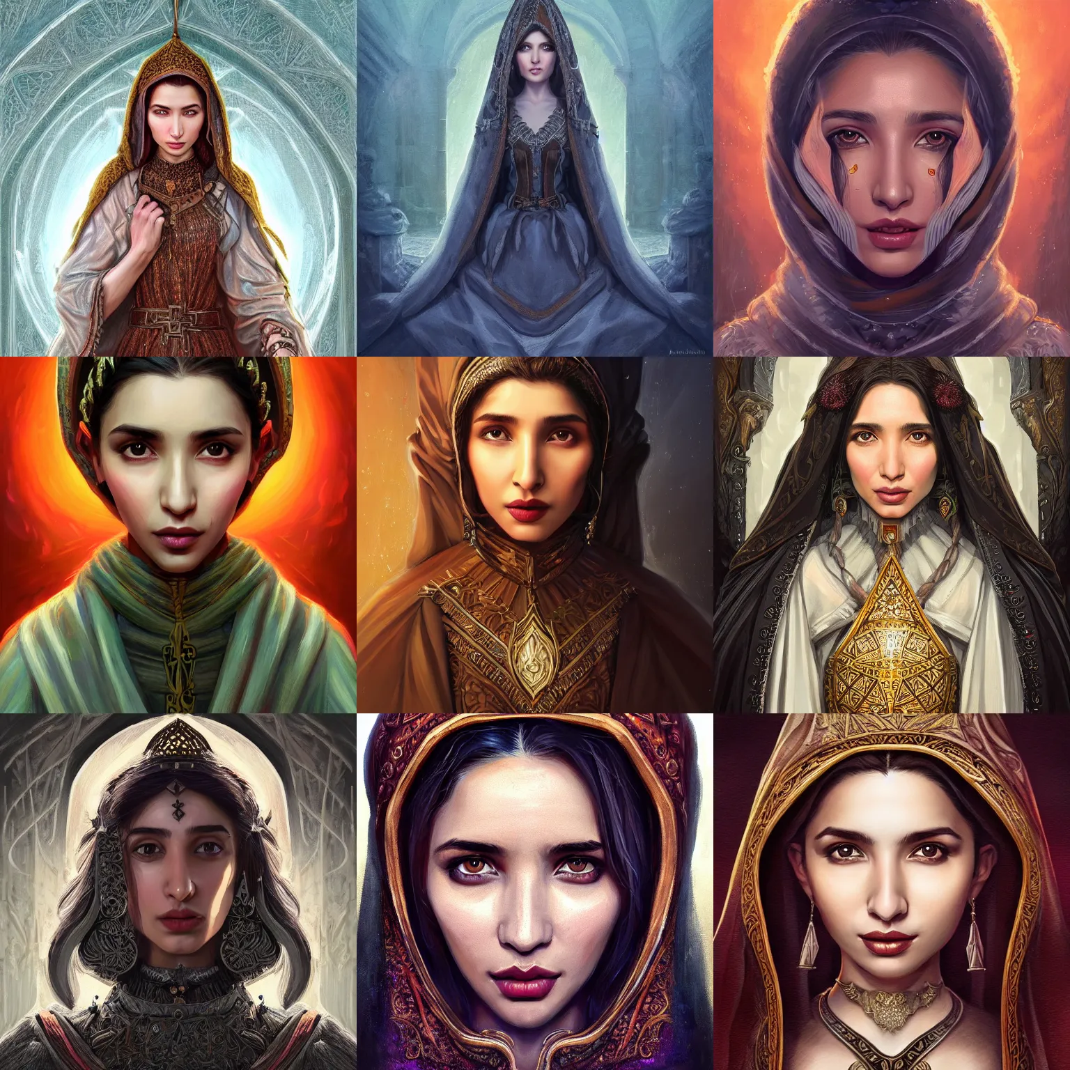 Image similar to head-on symmetrical centered painted portrait, Mahira Khan as a D&D wizard, medieval robes, fantasy, intricate, elegant, highly detailed, digital painting, smooth, sharp focus, illustration, artstation, in the style of Artgerm and Anna Podedworna and Alex Ross