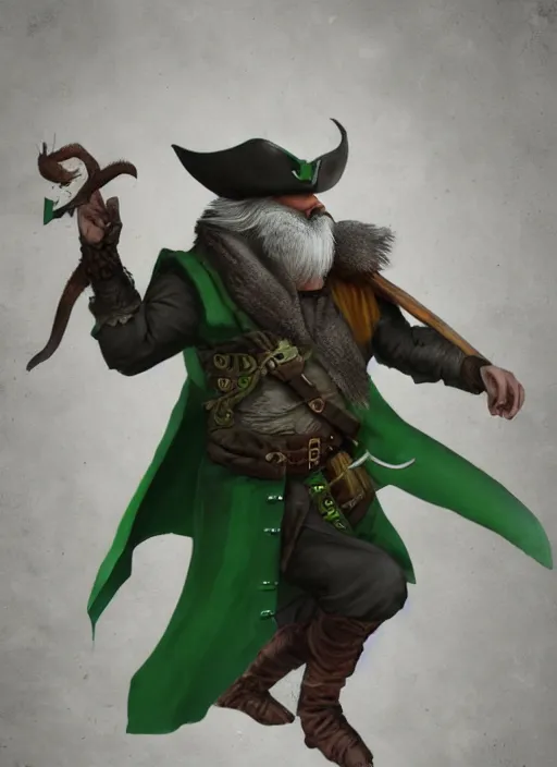 Image similar to rat on two legs with a gray beard, human eyes, pirate hat, green cape, digital art, fantasy, d & d, warhammer, realistic, detailed, dynamic, trending on artstation