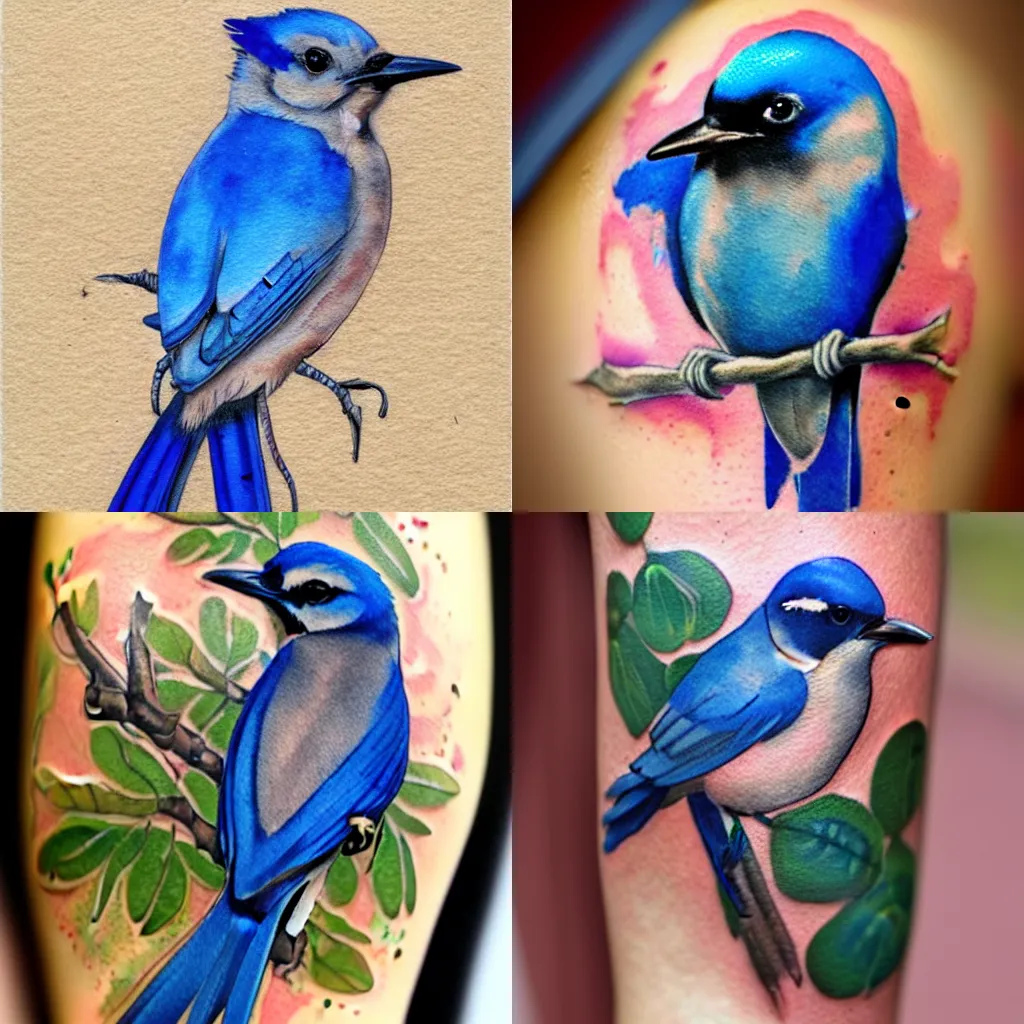 Prompt: tattoo of a California scrub jay, chibi, miniature, nature illustration tattoo, watercolor tattoo, detailed, inked