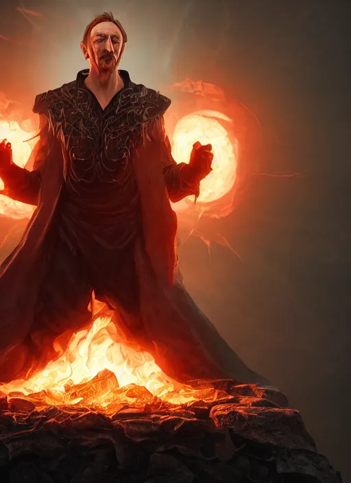 Image similar to A fantasy comic book style portrait painting of David Thewlis as a godlike Sorcerer casting a fire spell, unreal 5, DAZ, hyperrealistic, octane render, RPG portrait, ambient light, dynamic lighting