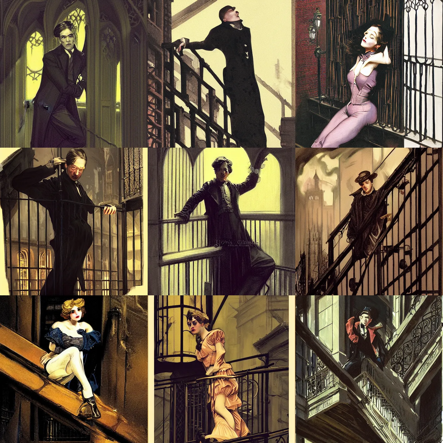 Prompt: character portrait of c 1 8 down on a fire escape so high on mdma in gothic london, gothic, john singer sargent, muted colors, moody colors, illustration, digital illustration, amazing values, art by j. c. leyendecker, joseph christian leyendecker, william - adolphe bouguerea, graphic style, dramatic lighting, gothic lighting