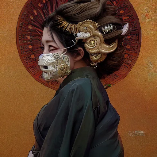 Image similar to a photorealistic dramatic fantasy render of a beautiful woman wearing a beautiful intricately detailed japanese komainu kitsune mask and clasical japanese kimono by wlop, artgerm, greg rutkowski, alphonse mucha, beautiful dynamic dramatic dark moody lighting, shadows, cinematic atmosphere, artstation, concept design art, octane render, 8 k