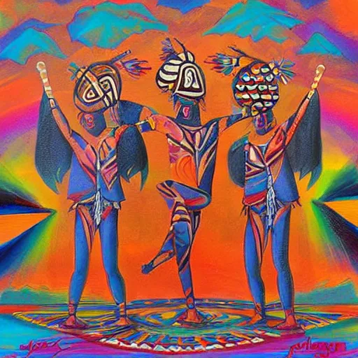 Image similar to tribal dance theme, art by jeff lyons, surrealism