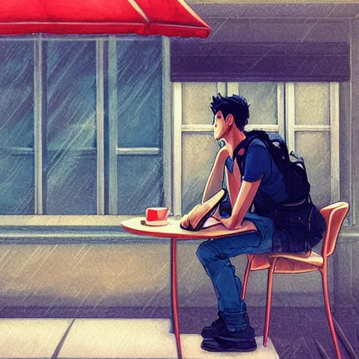 Prompt: a male teenager sitting on a cafe and looking to a window, artgerm, anime style, pixar and disney style, path traced, color painting, anatomically correct, cinematic, high coherence, highly detailed, high quality, serene scene, colorful, symmetrical, beautiful, elegant, short black hair, vintage