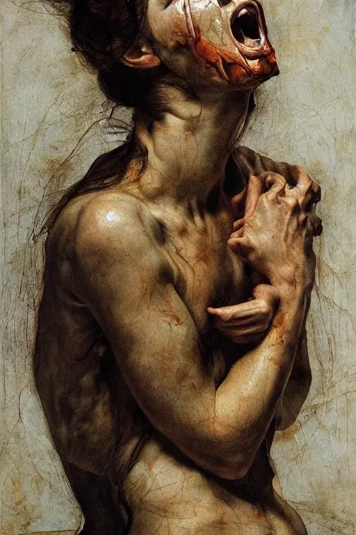 Prompt: a woman enraged, part by Jenny Saville, part by Leonardo da Vinci